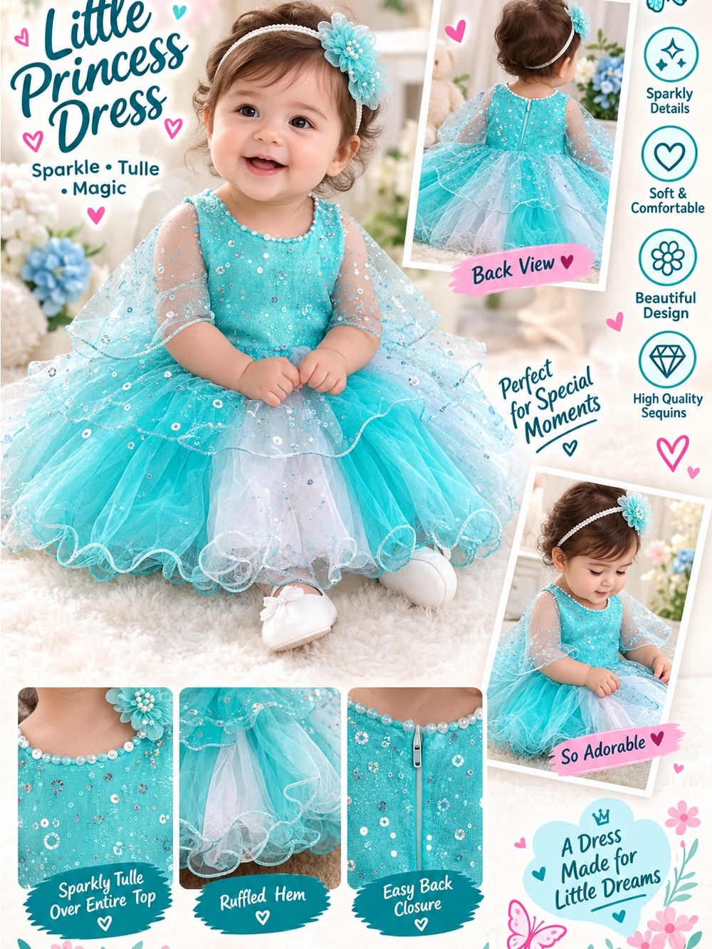 Little Princess Dress - Turquoise Sparkle Tulle Kids Costume Birthday Party Hall